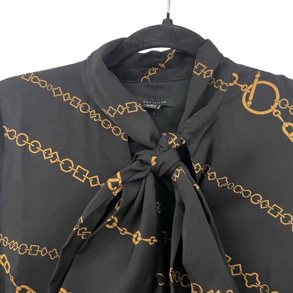 Ann Taylor Chain Print Tie Neck Shift Dress Black Brown Womens XS - Picture 4 of 7